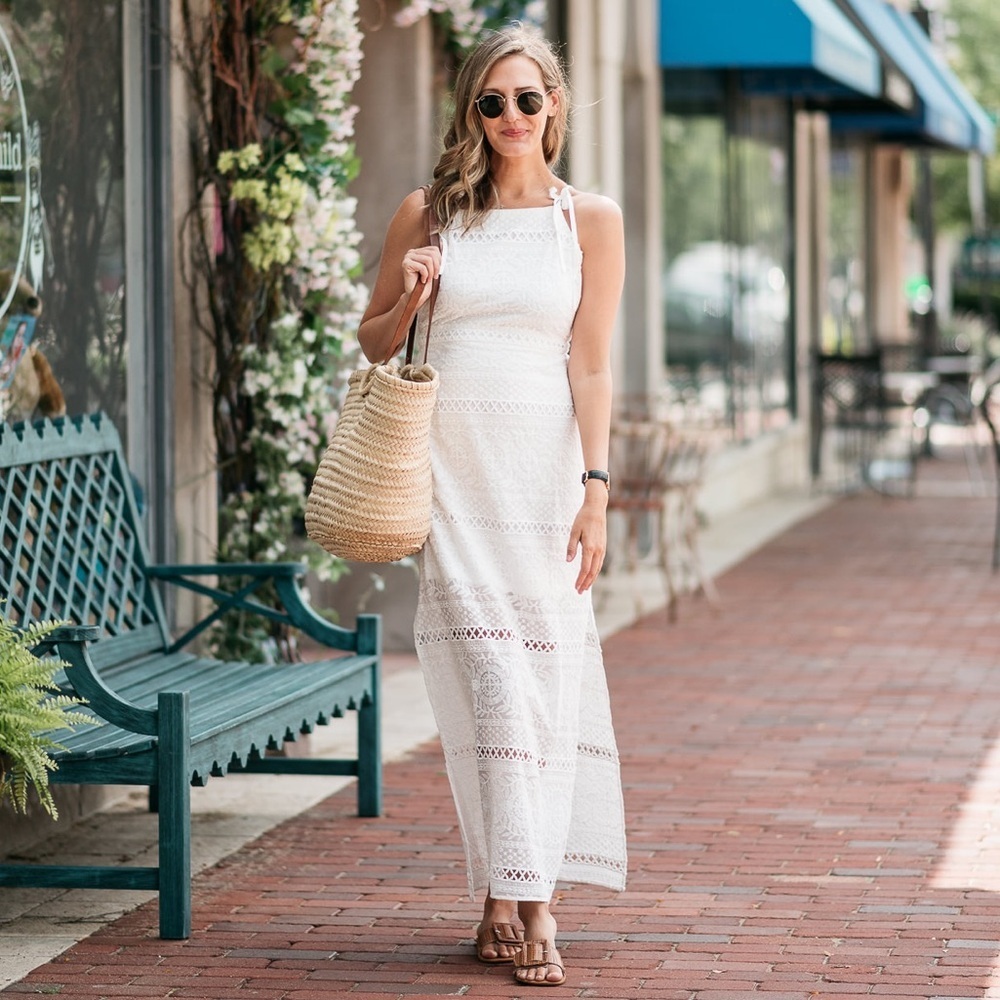 WHBM White Floral Lace Tie-Shoulder Maxi Dress Size 00P